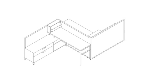A line drawing of a Canvas Storage workstation with lower storage and desk shelving. Select to go to this setting's detail page.