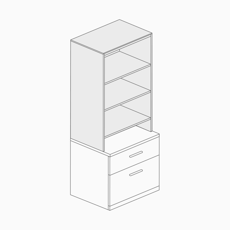 A line drawing of an open bookcase.
