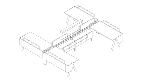 A line drawing of 4 Canvas Vista workstations with central t-shaped light.