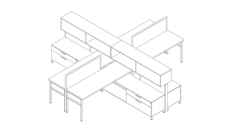Un dibujo lineal de una estación de trabajo Canvas Wall para cuatro personas con almacenamiento superior e inferior. Seleccione para ir a la página de detalles de esta configuración.