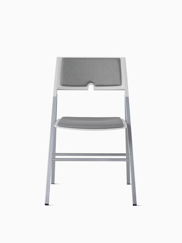 Front view of an Axa Folding Chair with an upholstered seat and back in gray and silver frame and legs.