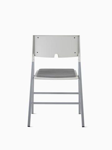 Back view of Axa Folding Chair with upholstered back and seat in gray and silver metal frame and legs.