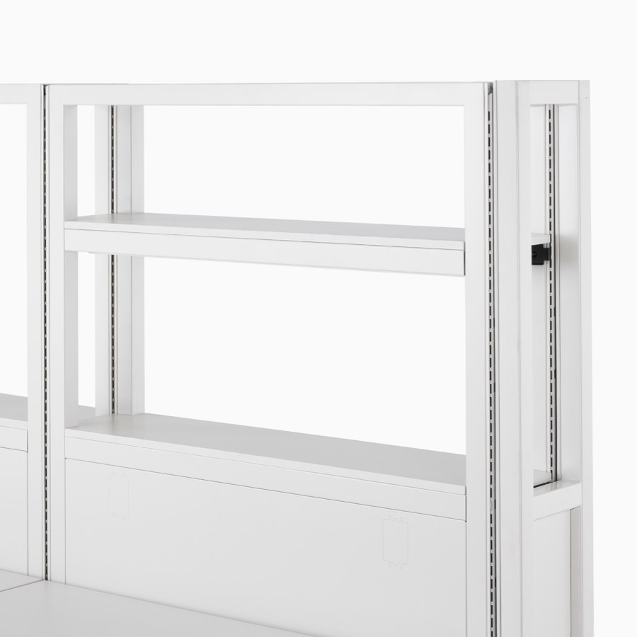 Detail of soft white Co/Struc System frame module and interior shelf.