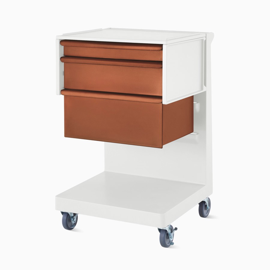 A single L cart in a light gray finish with a C frame in light gray and terra cotta drawers.