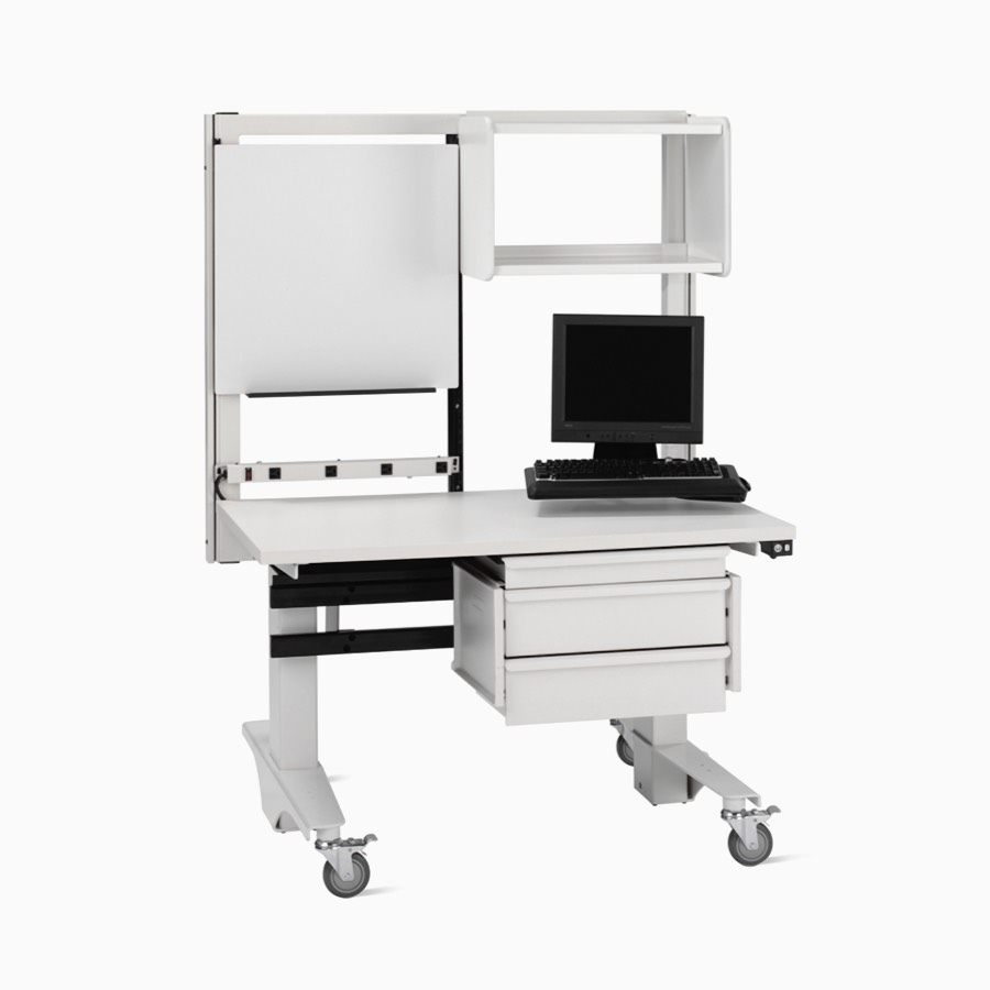 Co/Struc mobile, height-adjustable workstation with a white base and surface.