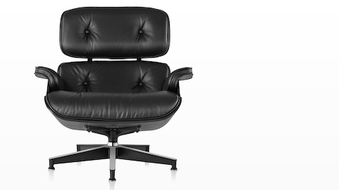 Black leather Eames Lounge Chair with a black shell, viewed from the front. 