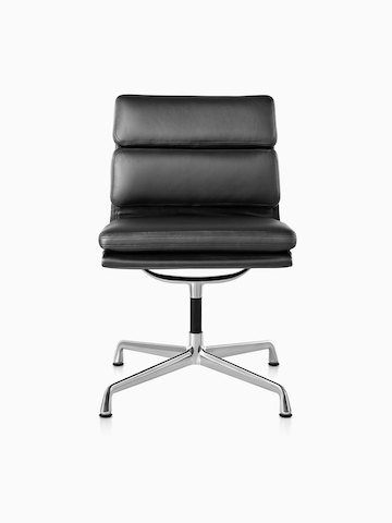 Black leather Eames Soft Pad mid-back chair, viewed from the front.