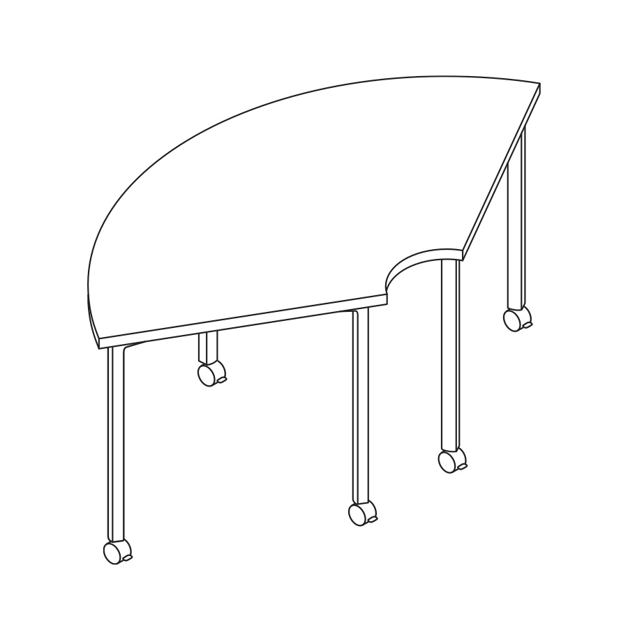 A line drawing of an Everywhere Round Corner Table.