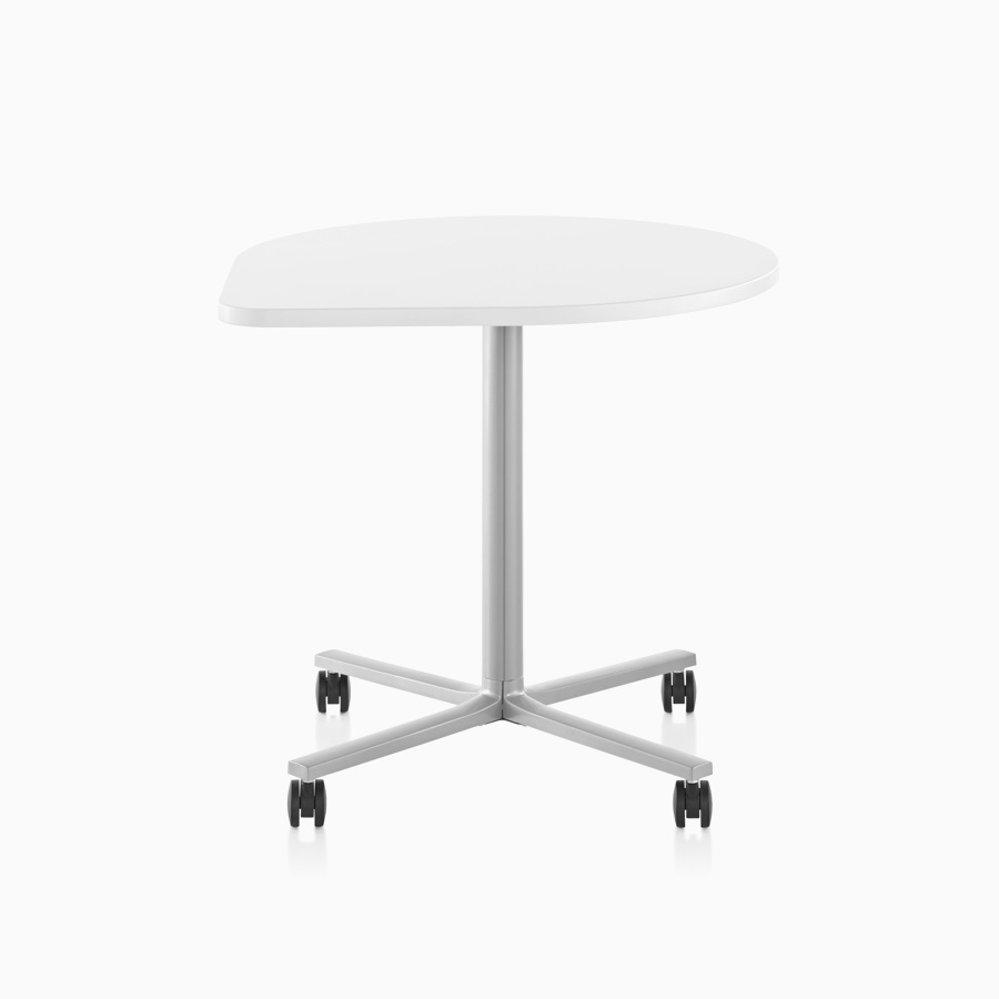 Side profile of an Everywhere Table with a teardrop-shaped, square-edge, white laminate top, and a gray, single column base with casters.