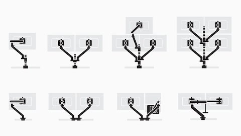 Eight illustrations showing multiple configurations of Flo Monitor Arms.