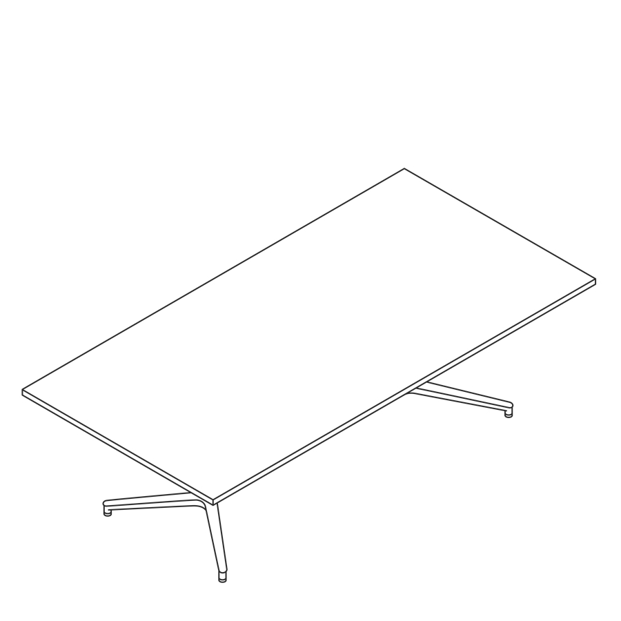 Dibujo en líneas de una mesa Headway con base en Y, altura sentado, forma rectangular.