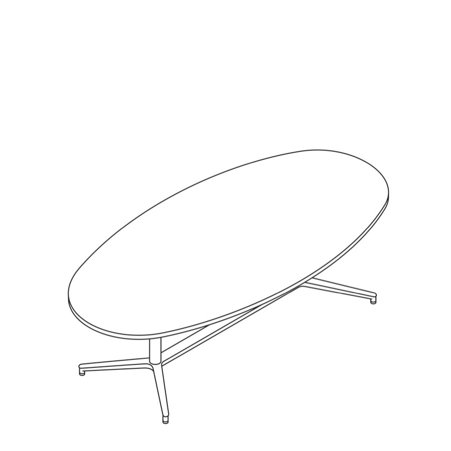Dibujo en líneas de una mesa Headway con base en Y, altura sentado, forma oval.
