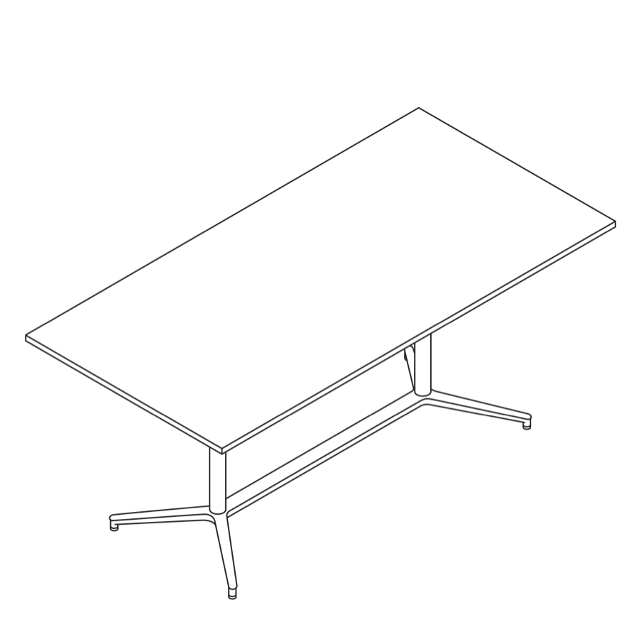Dibujo en líneas de una mesa Headway con base en Y, altura de pie, forma rectangular.