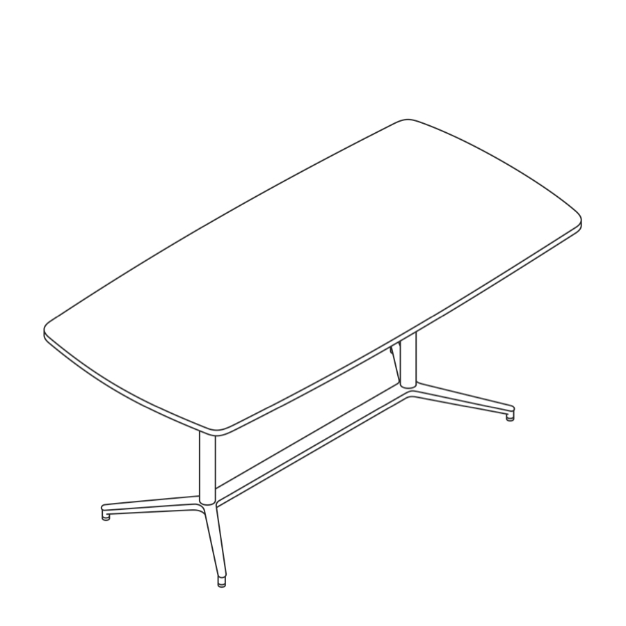 Dibujo en líneas de una mesa Headway con base en Y, altura de pie, forma de barco.