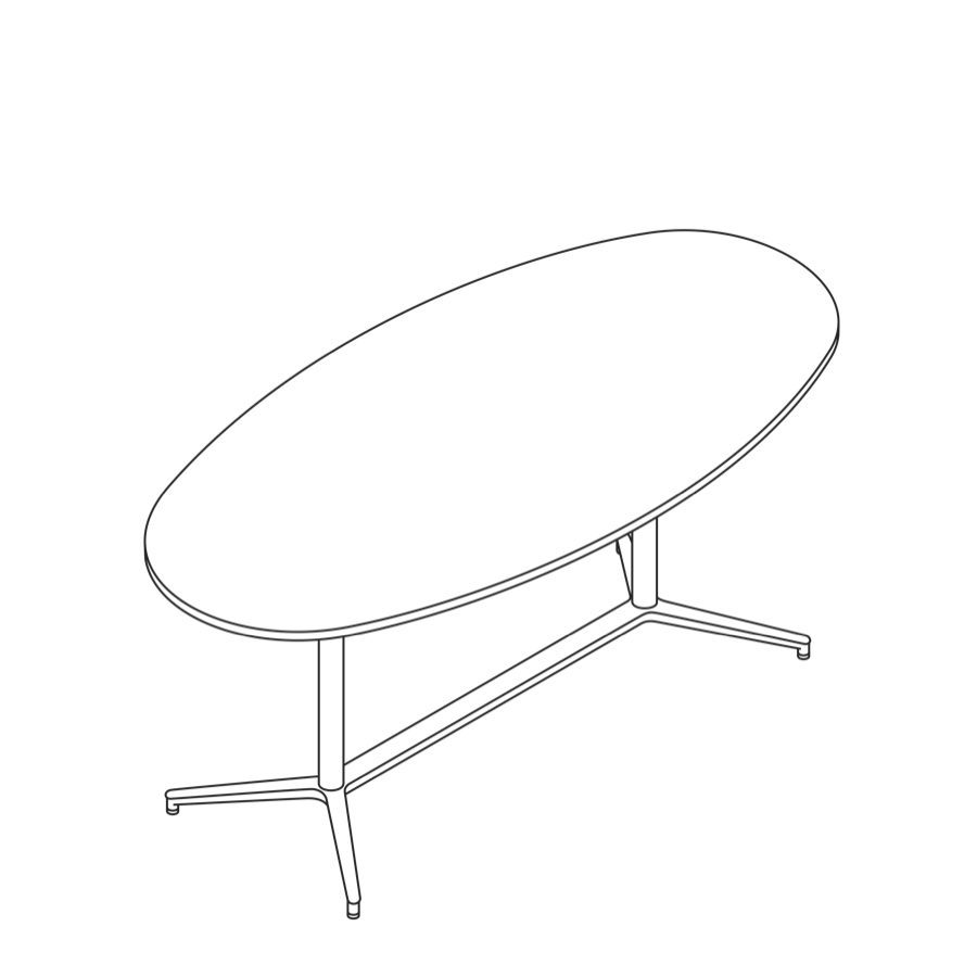 Dibujo en líneas de una mesa Headway con base en Y, altura de pie, forma oval.