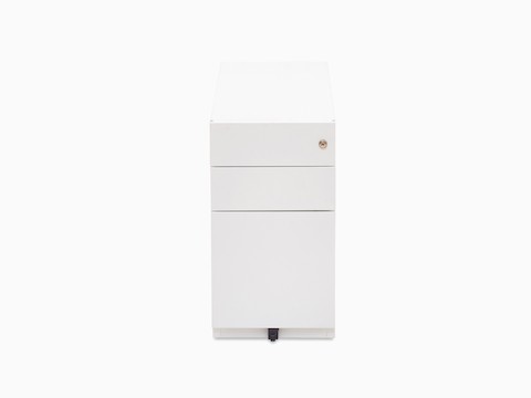 Front view of white Kumi pedestal with two box drawers and one file drawer.