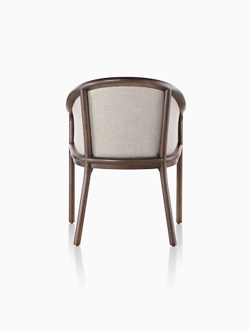 Landmark Chair with taupe upholstery and a dark wood frame, viewed from the rear.