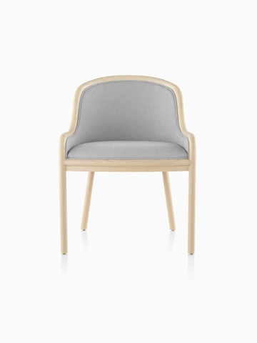 Landmark Chair with light gray upholstery and a light wood frame, viewed from the front.