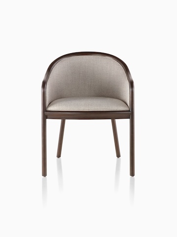 Landmark Chair with taupe upholstery and a dark wood frame, viewed from the front.