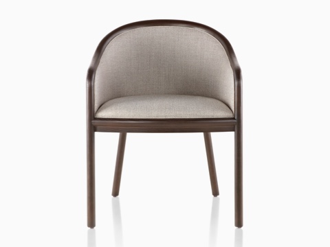 Upper half of a Landmark Chair with taupe upholstery and a dark wood frame, viewed from the front.