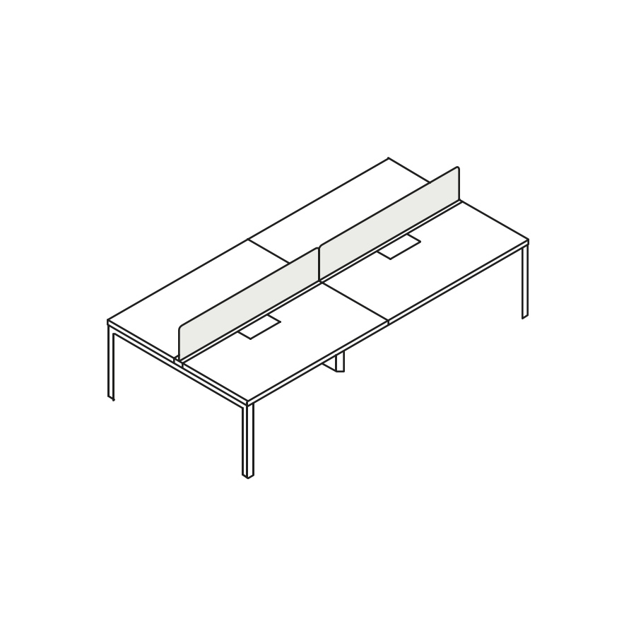 A line drawing of a four-person Layout Studio bench with a center privacy screen.