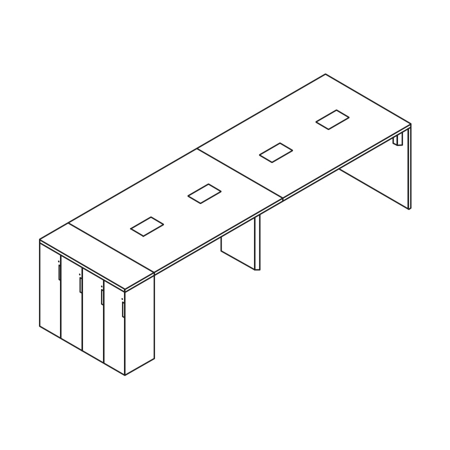 A line drawing of an eight-person Layout Studio standing-height bench with Tu Storage lockers at one end.