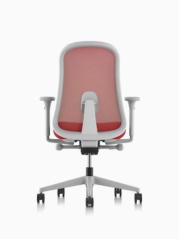 Red and gray Lino Chair with adjustable sacral lumbar support, viewed from the back.