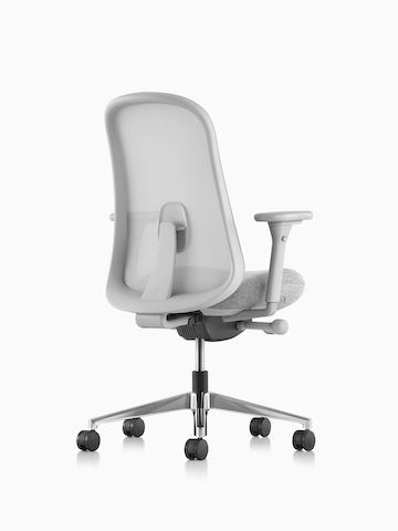 Gray Lino Chair with adjustable sacral lumbar support, viewed from the back at an angle.