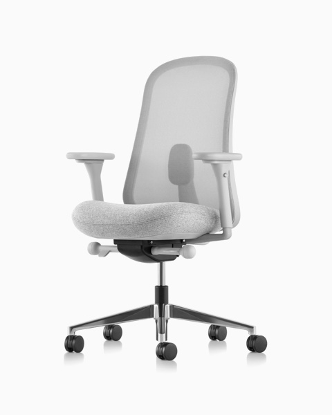 Grey Lino Chair with adjustable sacral lumbar support, viewed from the front at an angle.