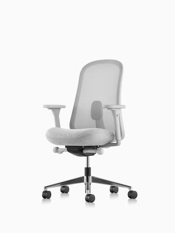 Grauer Lino Stuhl mit verstellbarer Kreuzbein- und Lendenstütze. Klicken Sie hier, um zur Produktseite für die Lino Stühle zu gehen.