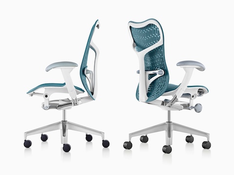 Profile and angled views of two blue Mirra 2 office chairs. 