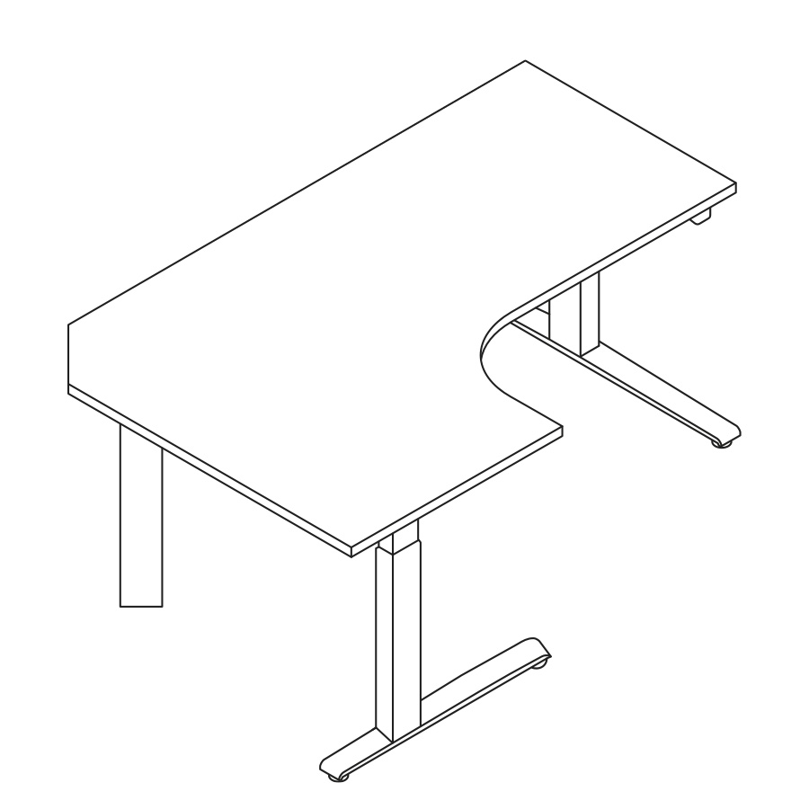 A line drawing of a 90-degree extended corner Motia Sit-to-Stand Table.