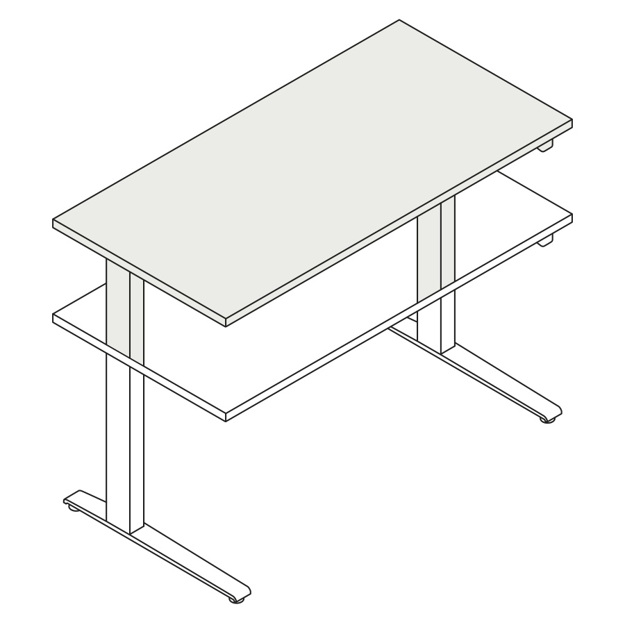 A line drawing of the standing desk, Motia Sit-to-Stand Table, extended to its maximum height range.
