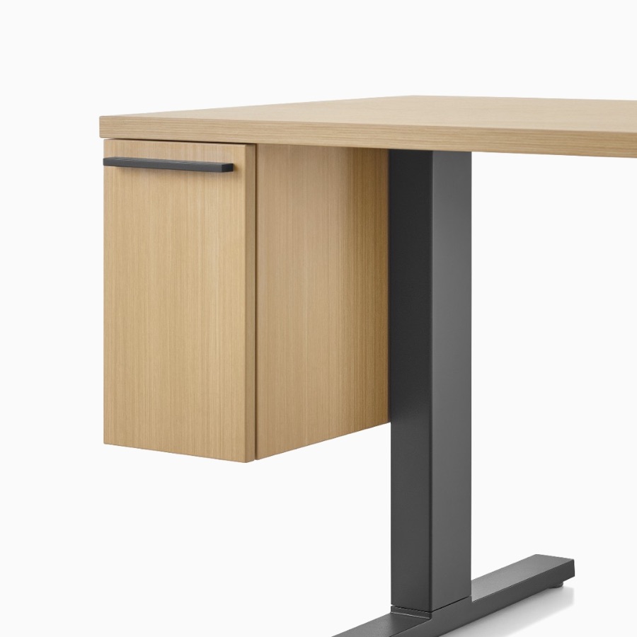 Wood Canvas Vista rectangular work surface with suspended cubby drawer and black t-shaped leg.