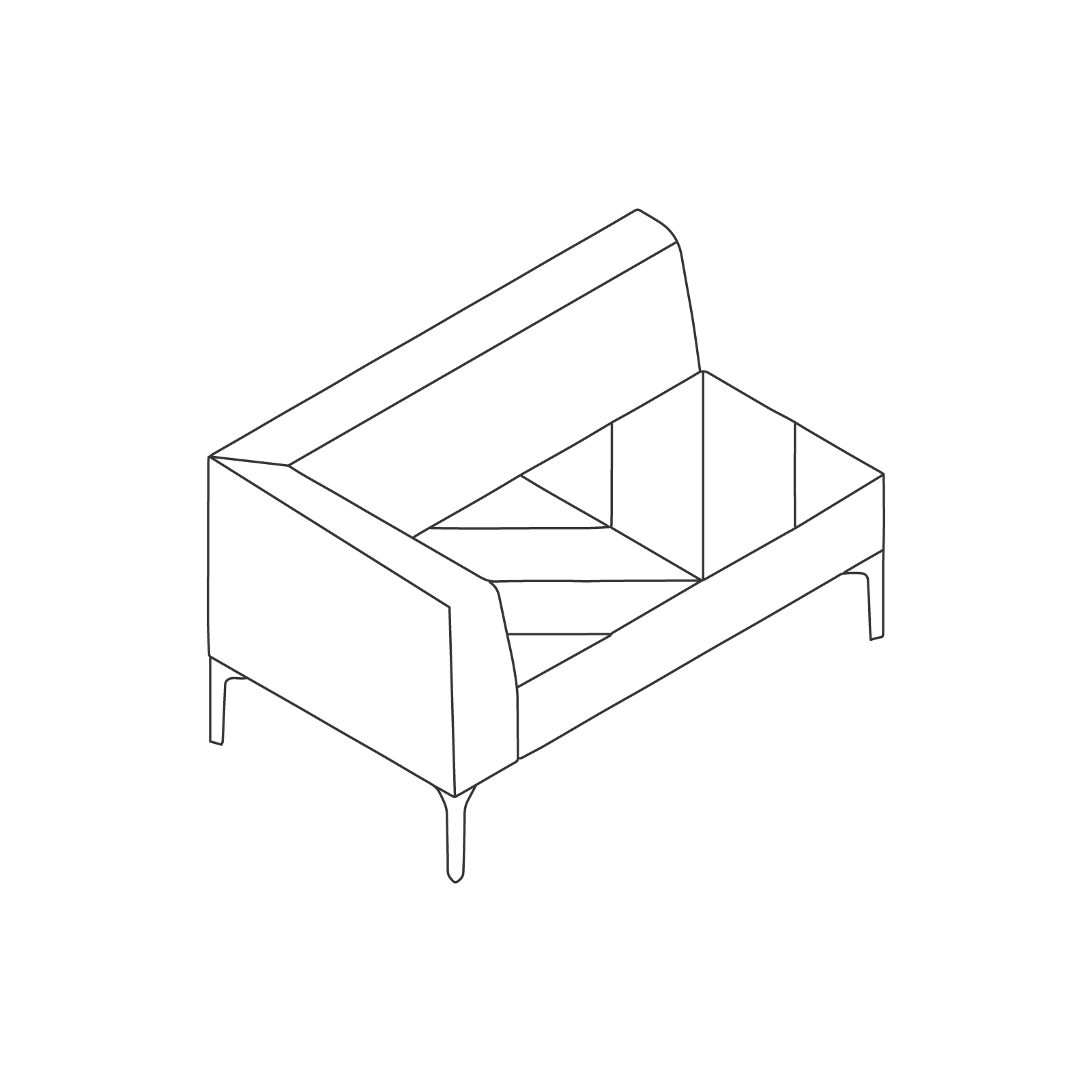 A line drawing of Hatch Modular Seating–Right Arm–2 Seat.