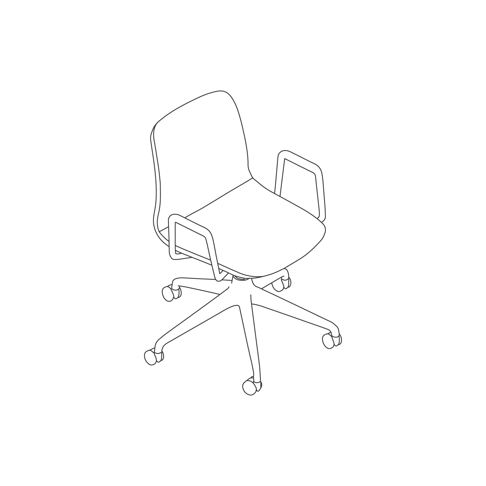 Een lijntekening van Viv-stoel – met armleuningen, 5-ster zwenkwielenonderstel.