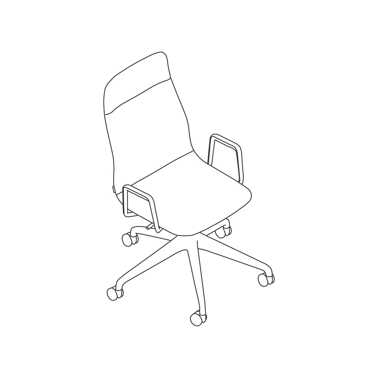 Een lijntekening - Viv-stoel hoge rug–met armleuningen–5-ster zwenkwielenonderstel