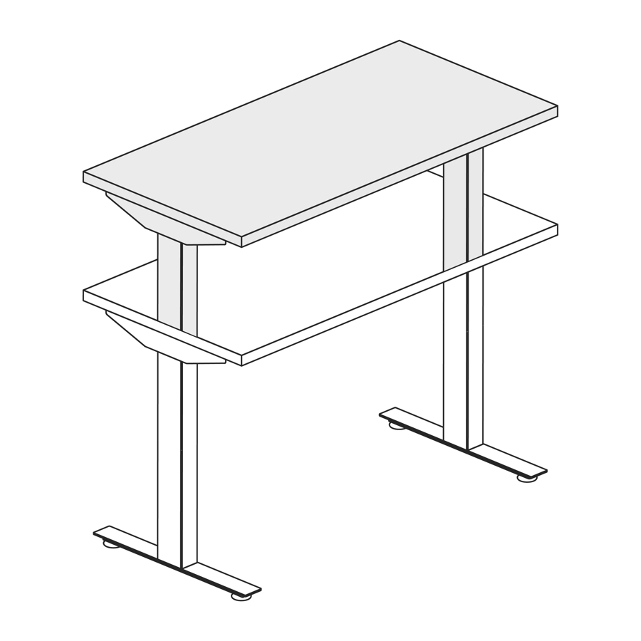 A line drawing of a Nevi standing desk extended to its maximum standing height.