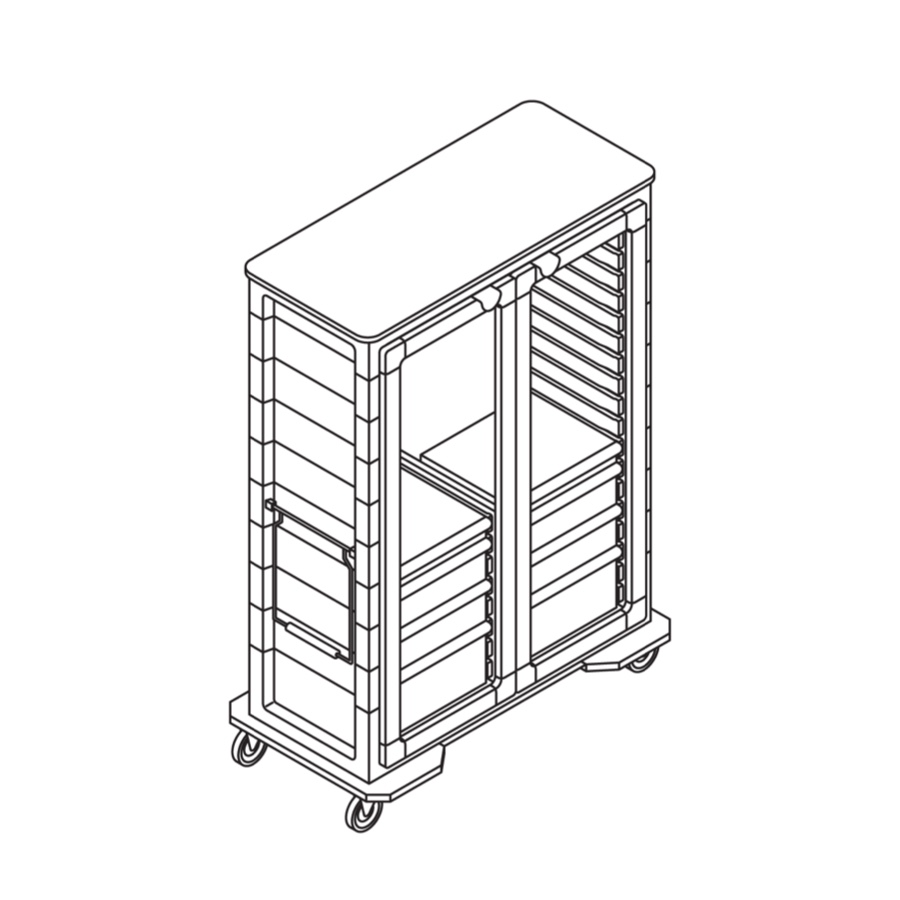 A line drawing of a tall, double-wide supply cart.