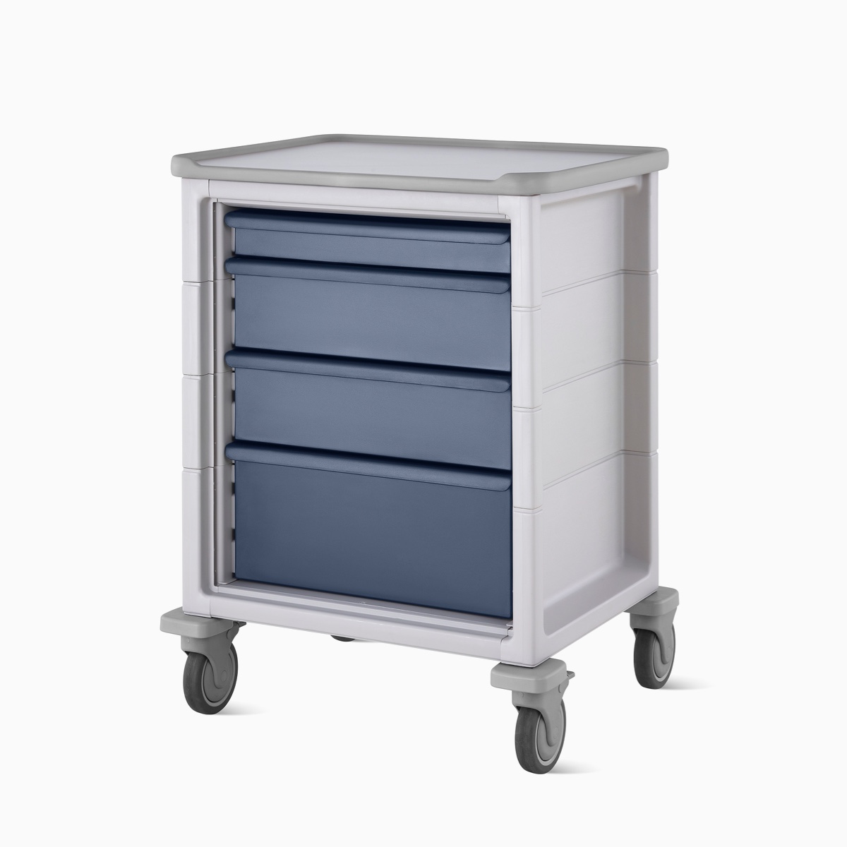 A mobile Procedure and Supply Cart in a light gray body and dark blue drawers.