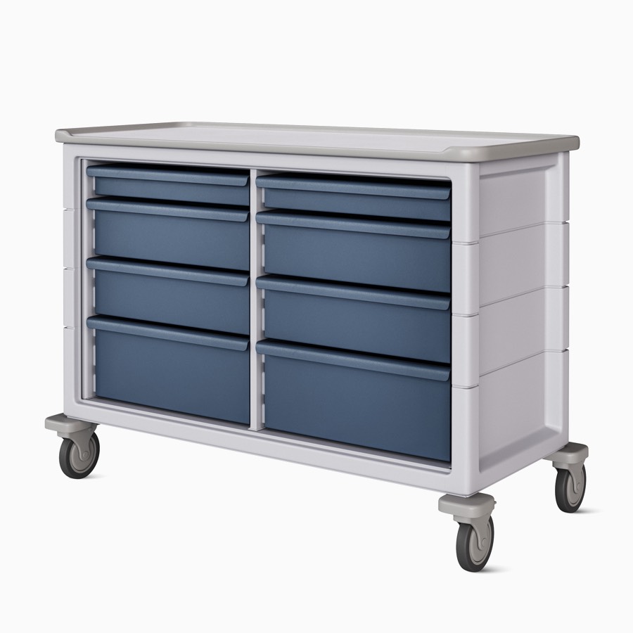 Double-wide supply cart in a light gray frame and blue drawers.