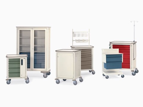 Seis Herman Miller Procedure / Supply Carts em vários tamanhos, configurações e cores.