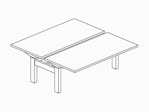 A line drawing of two back to back Ratio height adjustable desks.