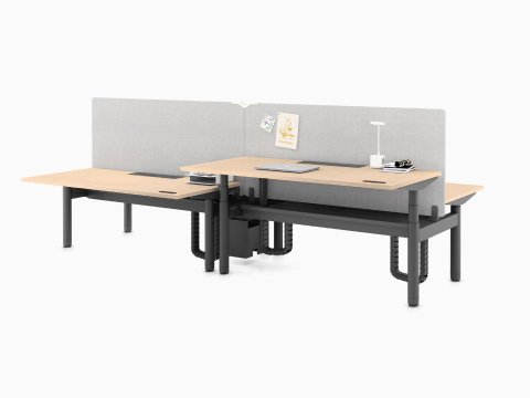 A cluster of four Ratio height adjustable desks, positioned at seating and standing heights, attached side by side with framed, beige mounted privacy screens.