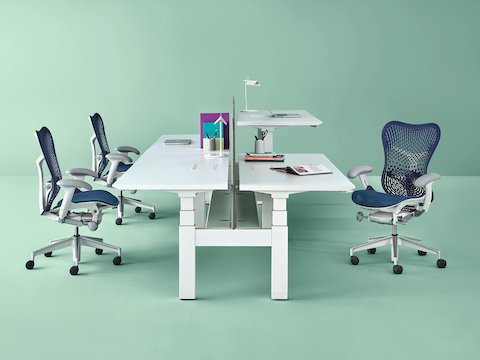 A Renew Link standing desk system with white work surfaces and blue Mirra 2 office chairs. One of the four desks is raised to standing height. 