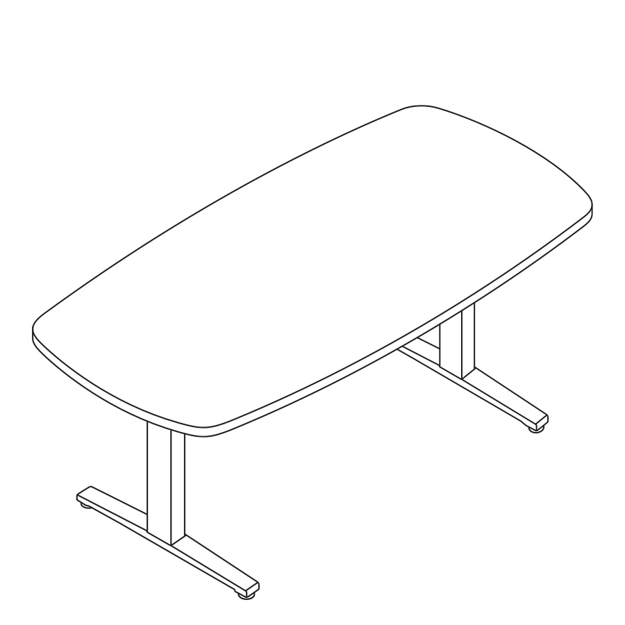 A line drawing of an oval Renew Sit-to-Stand Table with a T-Foot.
