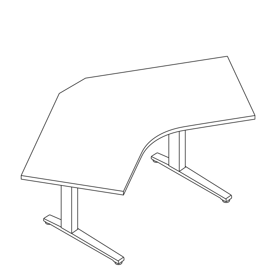 A line drawing of a 90-degree Corner Renew Sit-to-Stand Table.