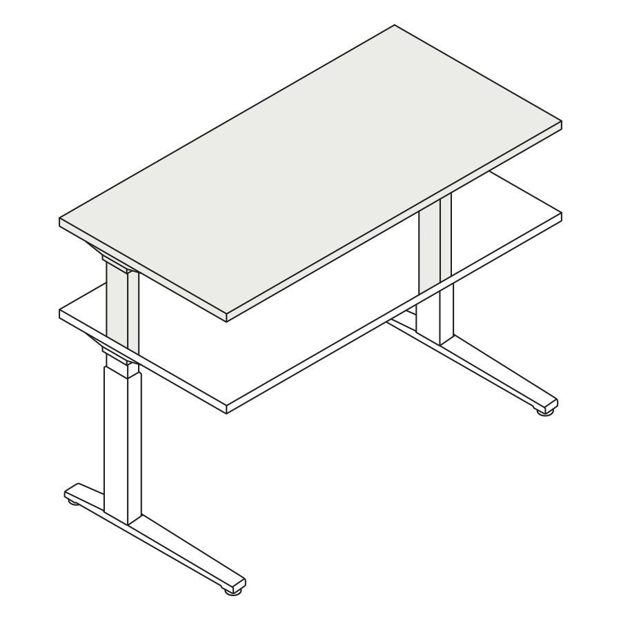 A line drawing of the standing desk, Renew Sit-to-Stand Table, extended to its maximum height range.
