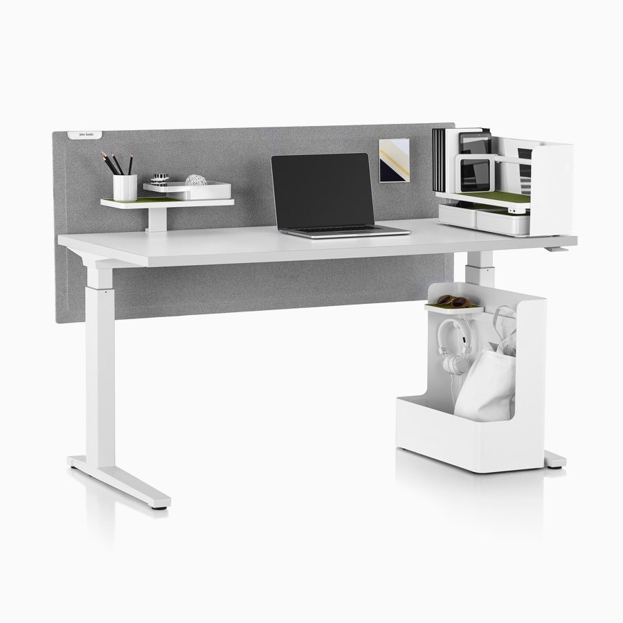 White Ubi Work Tools with a Renew Sit-to-Stand Table, includes Ubi Organizer, Ubi Attached Shelf, and Ubi Mobile Bag Catch.