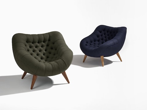 Rohde Easy Chairs in green and blue from a front-angle view.